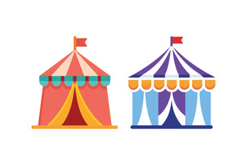 Two colorful striped circus tents with flags on top one red and yellow the other blue and purple on a white background