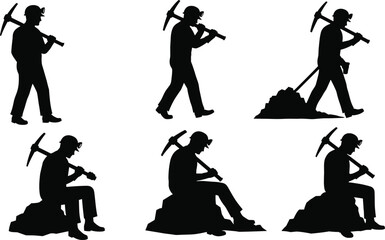 Silhouette, miner, worker, labor, industry, mining, helmet, pickaxe, digging, sitting, resting, walking, posture, activity, motion, job, task, body, pose, action