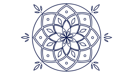 Symmetrical dark blue line art of a floral mandala with geometric leaf patterns and circular elements.