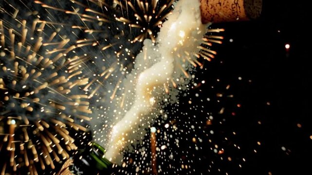 Slow motion 4K footage of champagne bottle cork popping with sparkling explosion and flying bubbles, perfect for celebration, party, luxury, festive, and New Year concept visuals