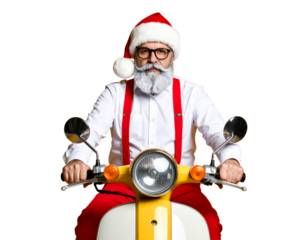 A serious hipster Santa wearing a red hat, shirt, and suspenders, riding a scooter toward a Christmas party, front-facing pose, vibrant yellow background, isolated PNG