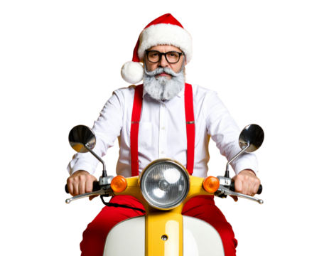 A serious hipster Santa wearing a red hat, shirt, and suspenders, riding a scooter toward a Christmas party, front-facing pose, vibrant yellow background, isolated PNG 