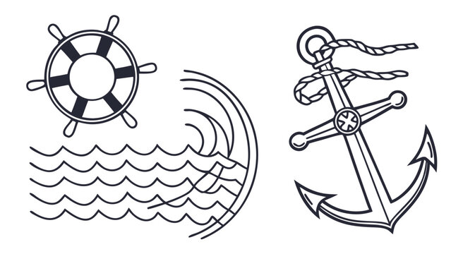 Nautical Symbols: Anchor Ship Wheel and Ocean Waves Illustration.