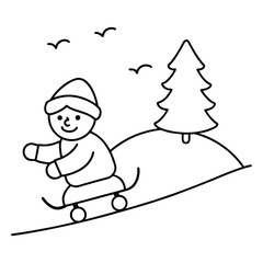 Christmas Coloring Book | Sledding Down Hill Line Art Vector
