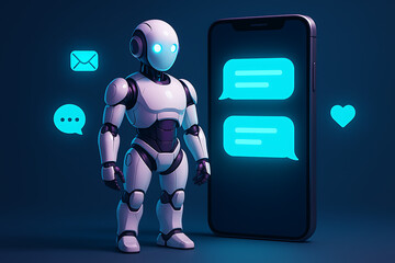A humanoid white and purple futuristic robot standing next to a large mobile phone screen with glowing blue chat bubbles and social media icons in a dark blue background illustration