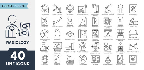 Radiology line icons set. Containing imaging room, waiting area, control room, reporting and more. Editable stroke. Vector illustration