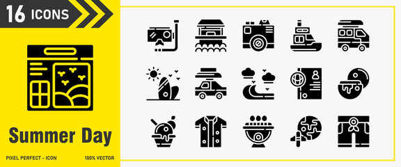 Summer Day icon set. Editable Stroke Icon Collection. beach house, camera, holiday, surf board, vocation. Solid icons, icon interface, icon pack, vector collection.
