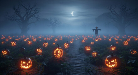 A spooky field of jack-o-lanterns with ornate carvings at night