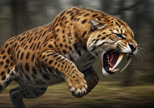 A saber-toothed tiger running and roaring with aggression