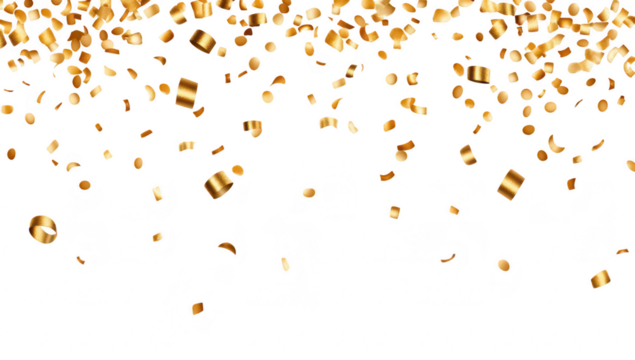 A cascade of golden confetti falling against a clean white background. creating a festive atmosphere ideal for celebrations. parties. and joyful occasions