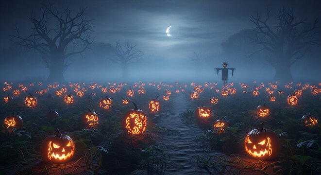 A spooky field of jack-o-lanterns with ornate carvings at night - Powered by Adobe