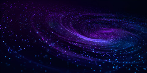 Naklejka premium Glowing purple galaxy swirl with particles in deep space, abstract cosmic background 