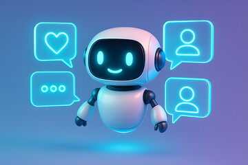 A small white smiling robot chat bot with glowing face surrounded by four neon light bubbles with heart profile and three dots icons on a purple and blue gradient background illustration