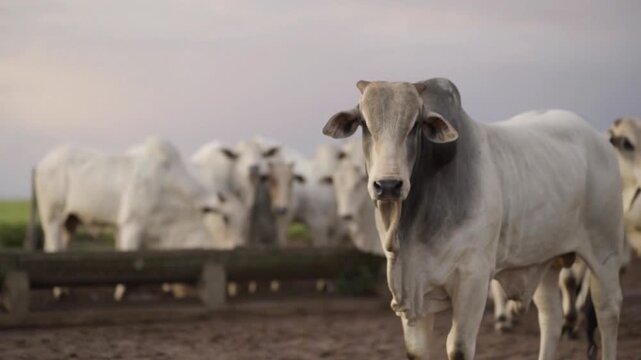 A brahman bull stands in a pasture on a farm with other cattle
