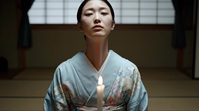 Asian Woman in Kimono by Candlelight - A young Asian woman, dressed in a traditional kimono, sits before a single lit candle.