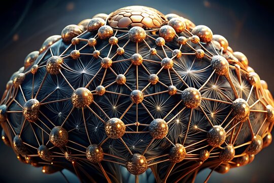 Intricate golden and blue geometric sphere with connected nodes