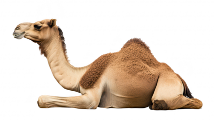 A serene camel resting comfortably on a white background. its unique features and textures. perfect for educational materials or wildlife-themed projects