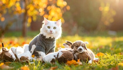 Fluffy felines and pups in autumn sun