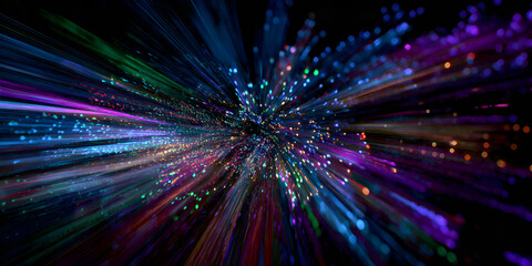 Fototapeta premium Multicolor glowing light explosion with streaks and particles on black background, abstract motion burst 