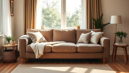 Comfortable sofa in a warm living room setting, bathed in soft afternoon light from a nearby window.
