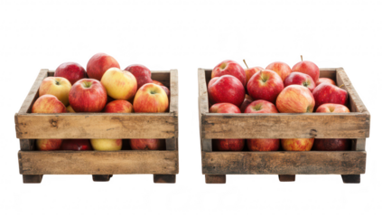 Two wooden crates filled with fresh. ripe red apples. arranged side by side on a clean. white background. the colors and textures of the fruit. ideal for food-related content