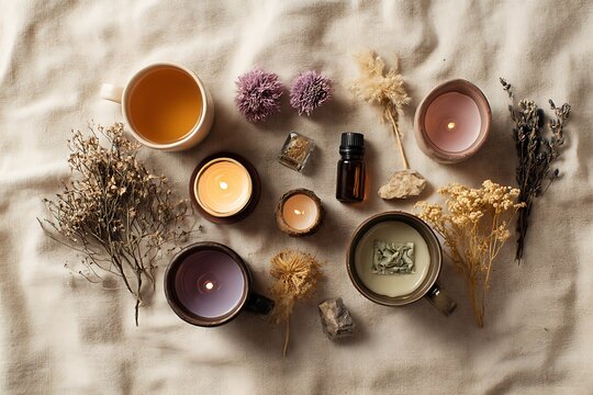 Relaxing aromatherapy with candles, herbal tea, and essential oils for a serene wellness moment, perfect for meditation and self care practices to soothe your soul
