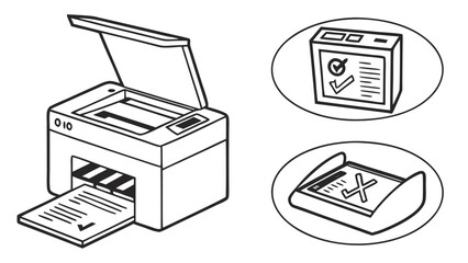 Black and White Printer Icon with Open Lid and Document Symbols.