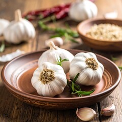 Fresh garlic bulbs on rustic plate