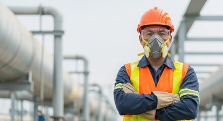 Industrial worker safety measures chemical plant action image urban environment close-up view workplace safety