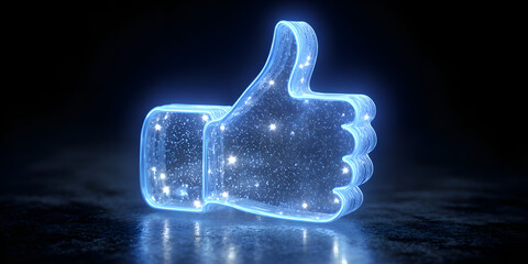 3D glowing like icon with sparkling stars, blue digital thumbs up concept