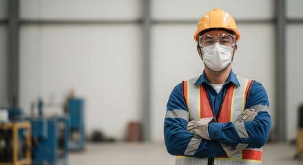 Construction worker posing confidently in industrial facility safety gear professional setting portrait perspective empowerment theme