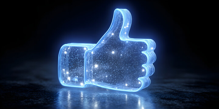 3D glowing like icon with sparkling stars, blue digital thumbs up concept

