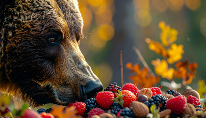 Bear weight gain concept shown by bear eating assorted berries and nuts in forest with autumn leaves and warm sunlight