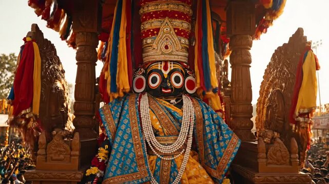Jagannath Festival Chariot Procession - A detailed view of the deity Jagannath on a richly decorated chariot during a vibrant festival procession.