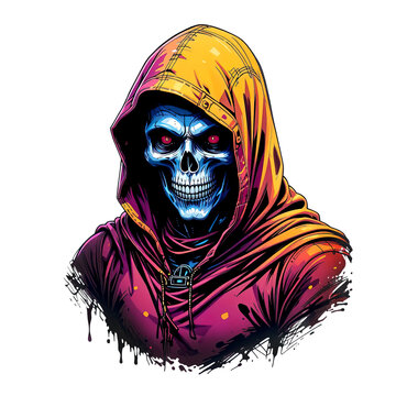 A vibrant, street-art style skull in a neon-lit, orange and magenta hoodie with glowing red eyes. Urban grunge design.