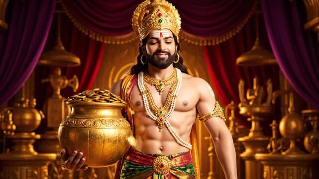 Indian God of Wealth Kubera with Treasure - A portrait of a man dressed as the Hindu god Kubera, holding a pot overflowing with gold coins.