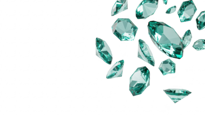 A stunning arrangement of sparkling teal gemstones cascading against a minimalist white background. their brilliance and clarity. ideal for luxury and jewelry-related projects