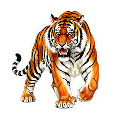 A powerful, action-packed tiger illustration with bold stripes and an aggressive snarl, painted in a dynamic, expressive watercolor style. wild animal.