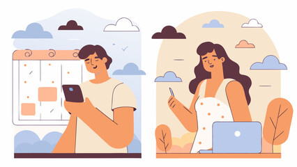 Man and Woman Using Digital Devices Calendar and Laptop Illustrated.