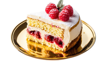 A delicious slice of creamy raspberry cake on a golden plate. layers of sponge and fruit filling. perfect for dessert lovers at a festive gathering or special occasion