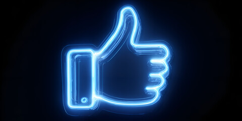 Glowing blue neon thumbs up icon isolated on dark background, approval or like concept