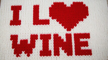 red knitted heart and text I Love Wine on white background