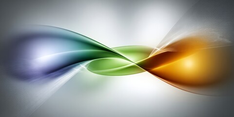A modern abstract background with dynamic, swirling waves of blue, green, and orange light. Elegant, fluid lines create a sense of motion and energy on a grey backdrop.