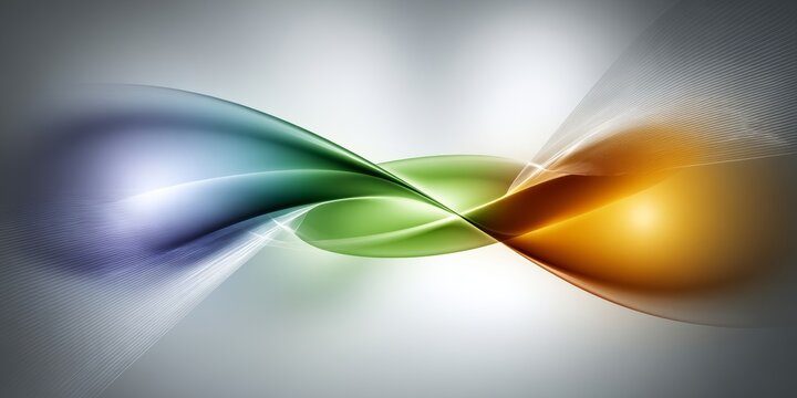 A modern abstract background with dynamic, swirling waves of blue, green, and orange light. Elegant, fluid lines create a sense of motion and energy on a grey backdrop.