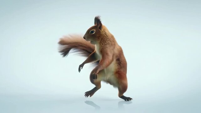 3d animated squirrel dancing upright on hind legs, funny cartoon woodland animal character isolated on white background, playful forest rodent mascot, cute furry illustration for children animation fo