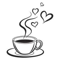 Coffee cup with hearts steam and love Minimalist line art design Vector illustration Isolated on white background