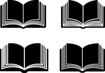 open book vector illustration, silhouette Open black book side perspective drawing icons minimal back book notebook on the upside down outline laying