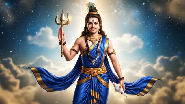Indian God Vishnu in Royal Blue Silk - A digital illustration depicts Lord Vishnu, a Hindu deity, dressed in a flowing royal blue silk garment.