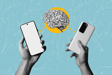 Art collage on the topic of modern smart technologies. Smart applications for mobile phones. Artificial intelligence in the modern world	