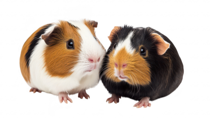 Two adorable guinea pigs with distinct fur patterns sit closely together. their playful nature against a clean white background. ideal for pet-related content and educational materials